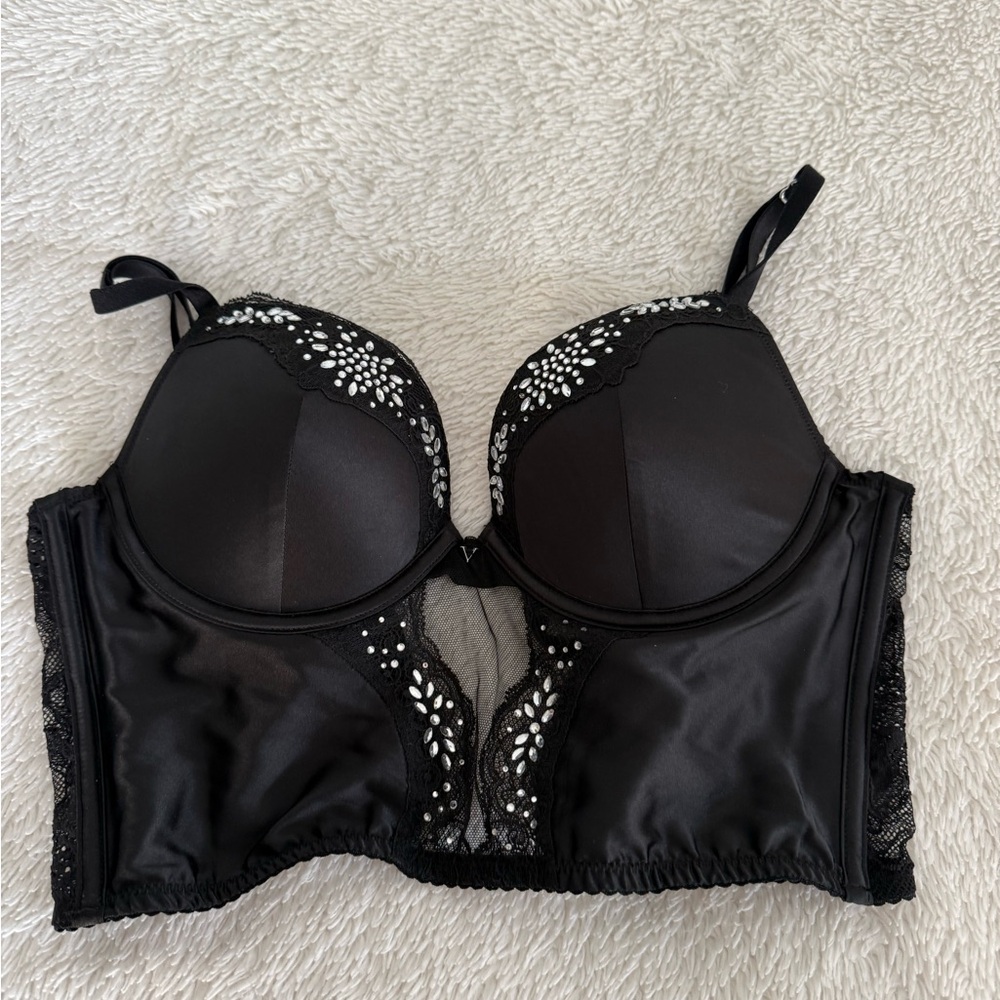 Victorias Secret Black Push Up Corset w/ Crystal Accents Size 34B 2022